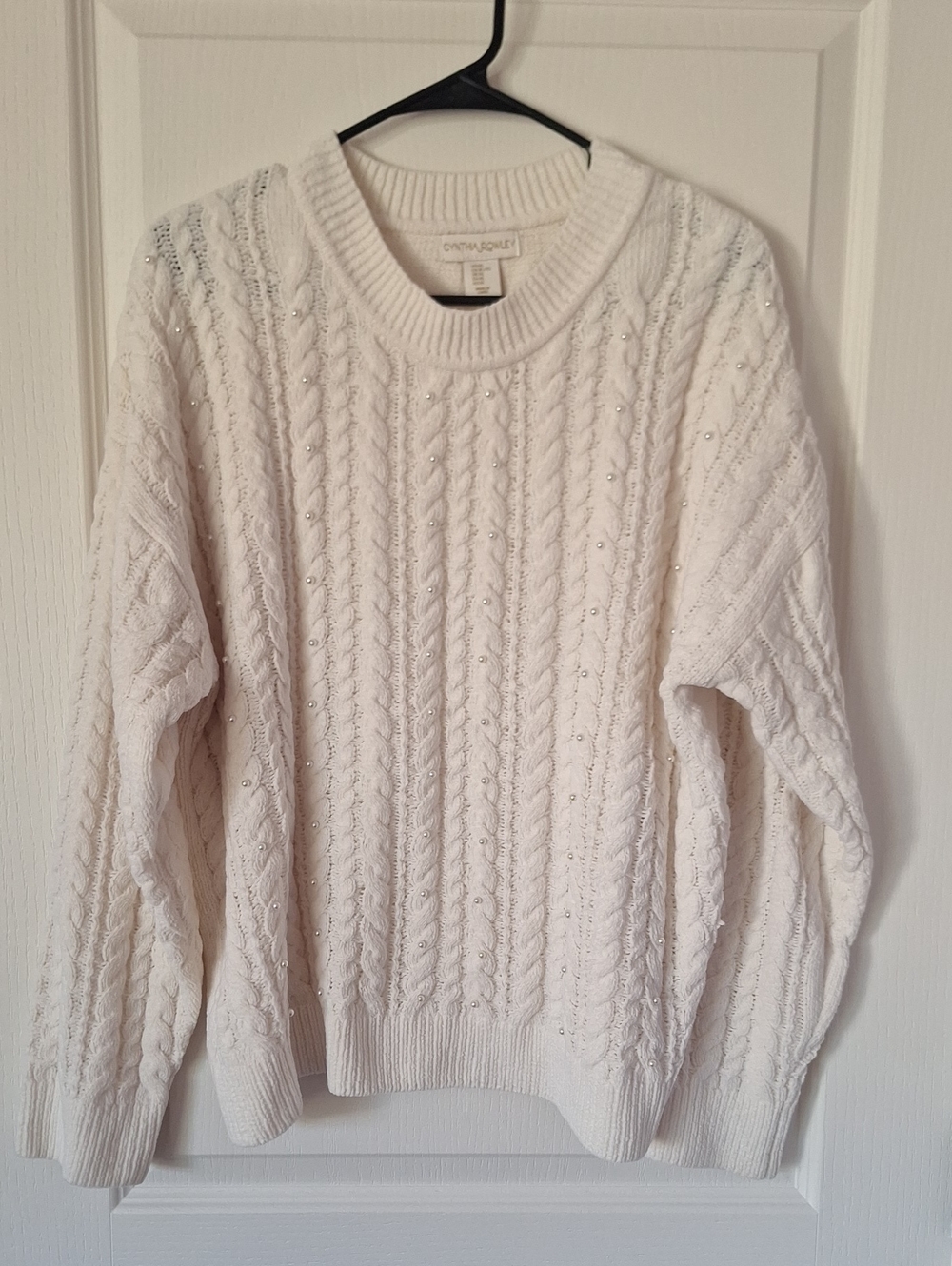 Cynthia Rowley White Cable-Knit Crewneck Sweater with Pearl Detail